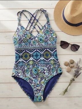 Mossimo Supply Co. Blue & Green Floral Geo Strappy One-Piece